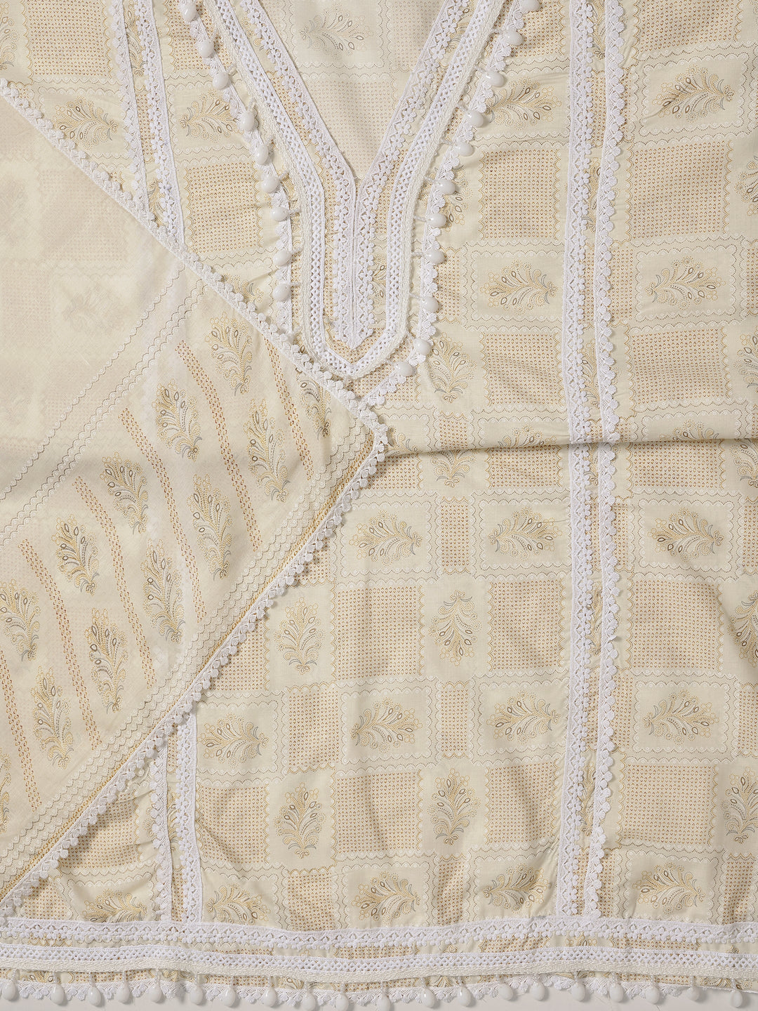  Cream Printed Cotton Blend Dress Material With Dupatta 