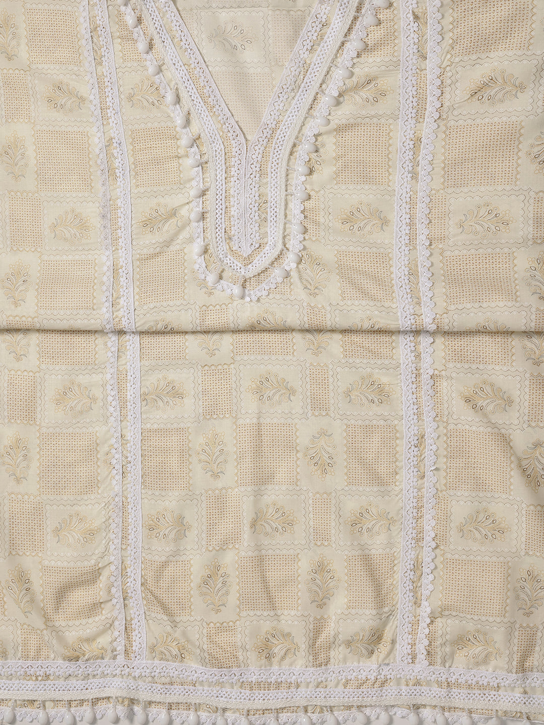  Cream Printed Cotton Blend Dress Material With Dupatta 