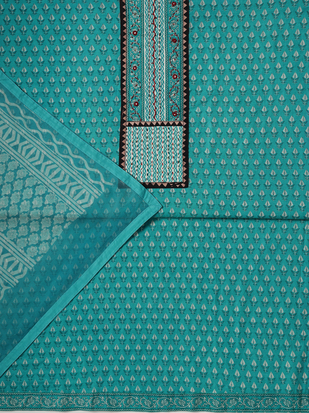  Turquoise blue Printed Cotton Dress Material With Dupatta 