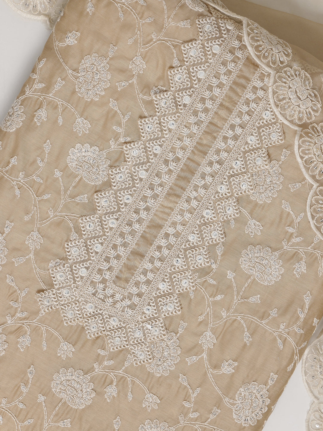  Beige Embroidered Silk blend Dress Material With Dupatta 