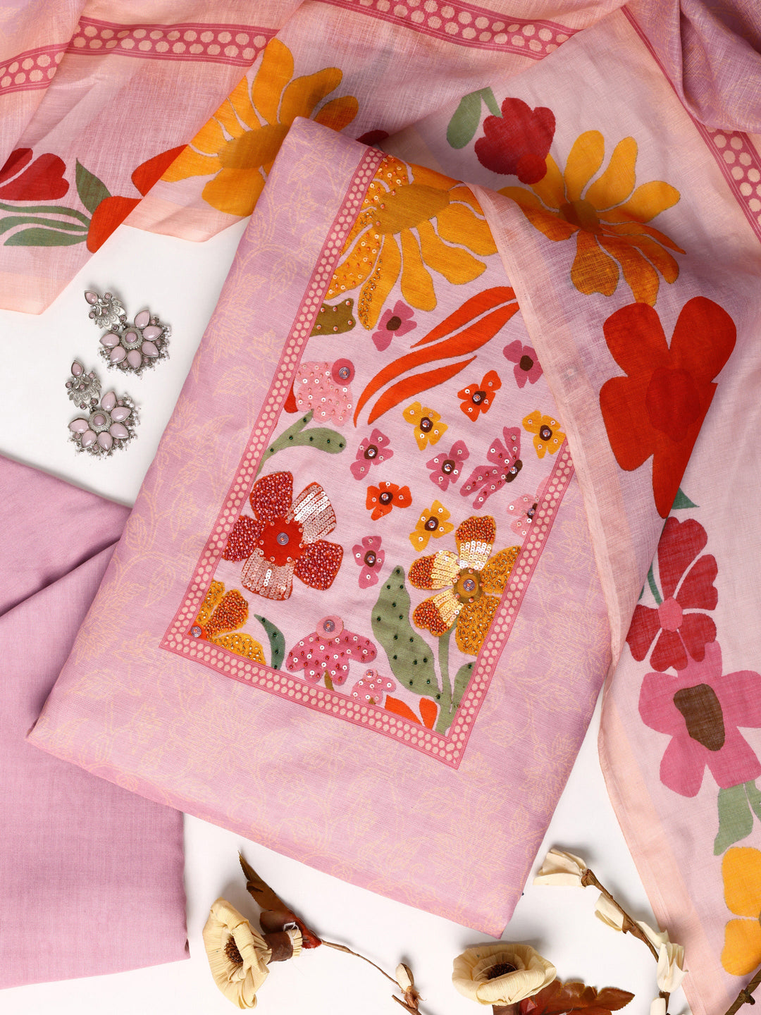  Pink Printed Cotton Blend Dress Material With Dupatta 