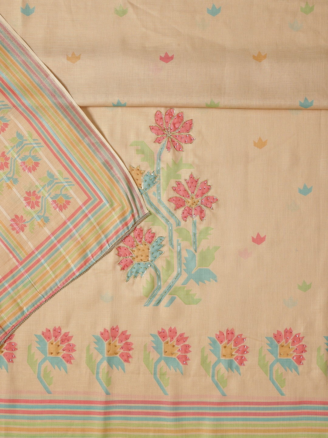  Beige Printed Cotton Blend Dress Material With Dupatta 