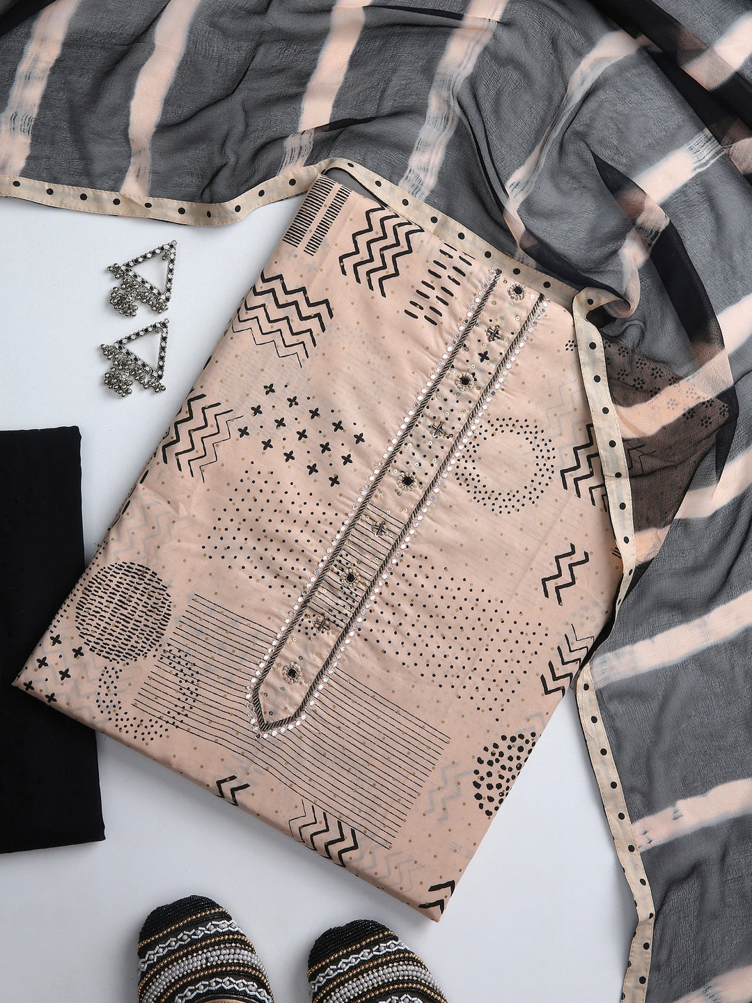  Beige Tribal Printed Dress Material With Dupatta 