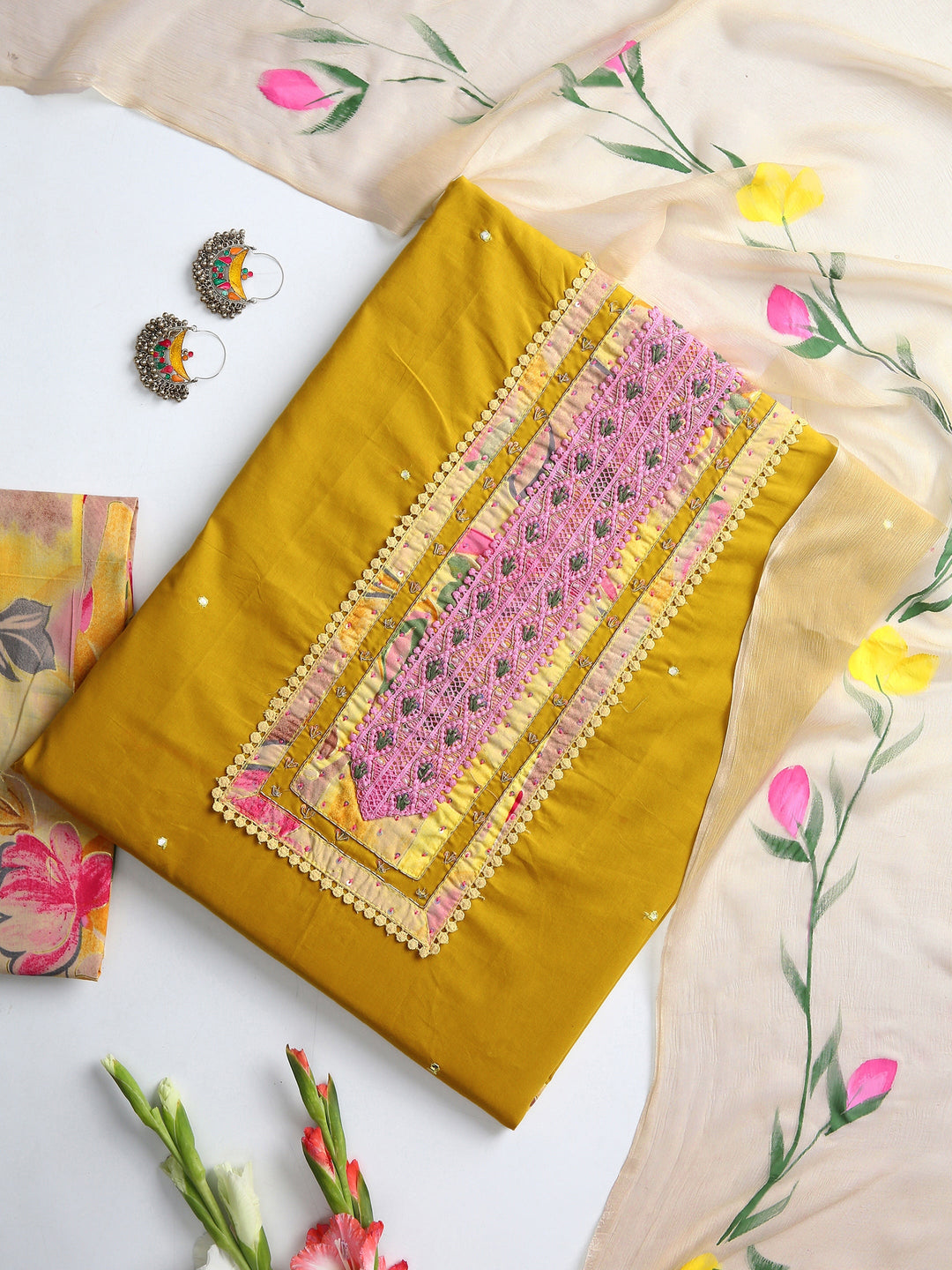  Yellow Floral Printed Dress Material With Dupatta 