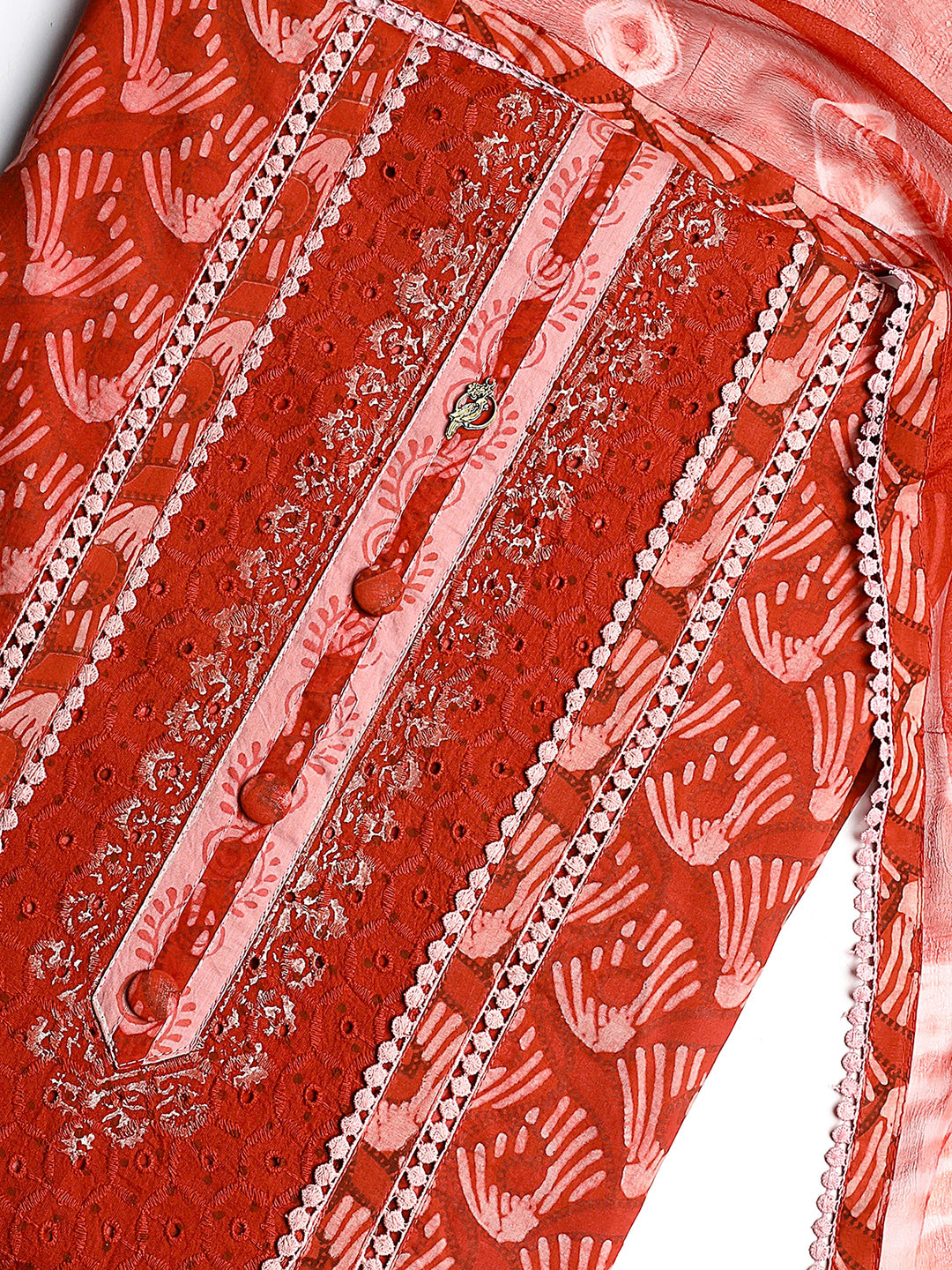  Red Geometric Printed Cotton Dress Material With Dupatta 