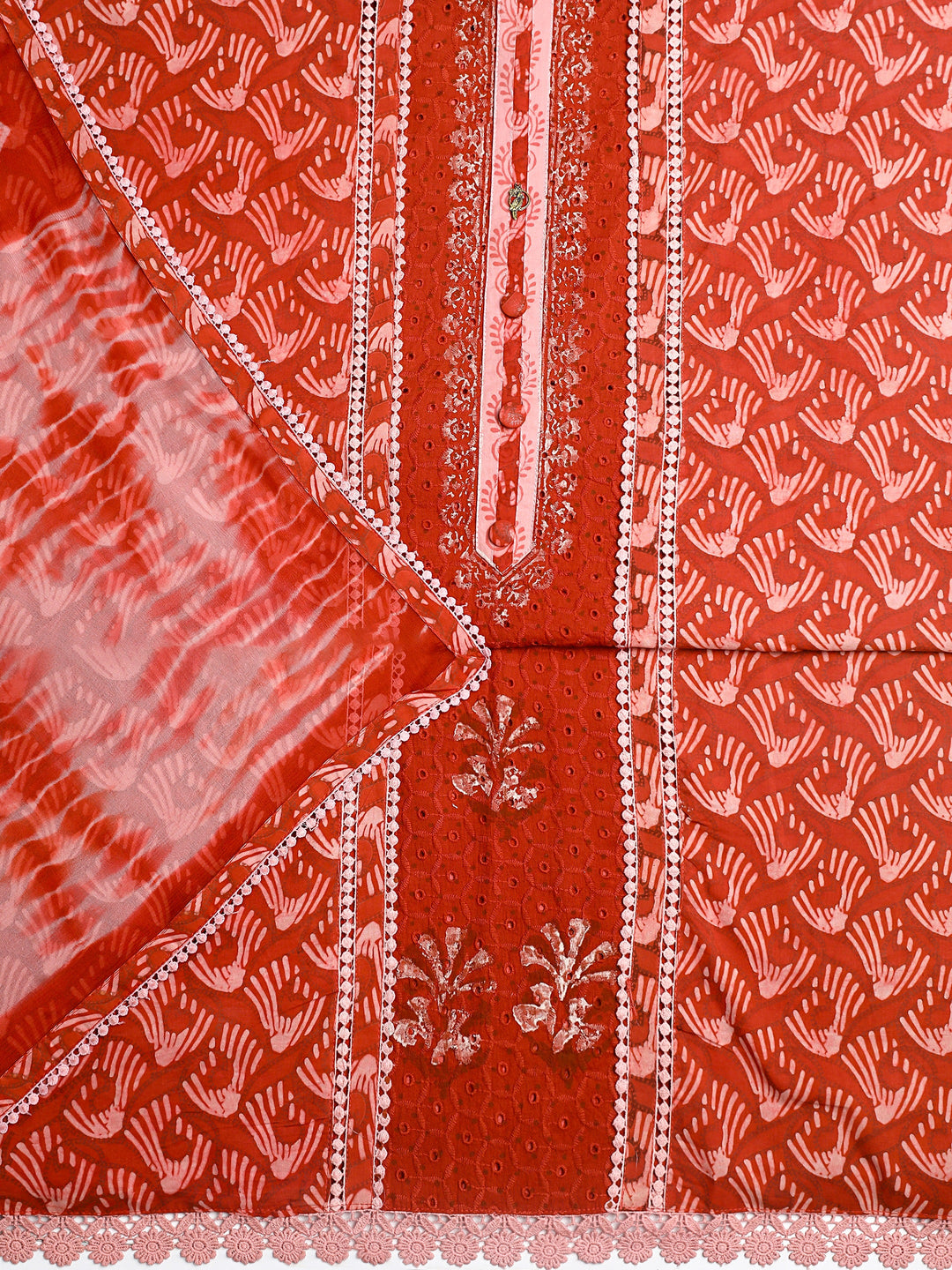  Red Geometric Printed Cotton Dress Material With Dupatta 