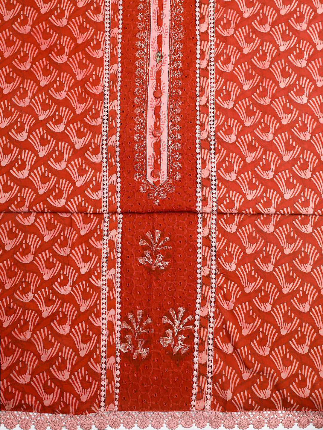  Red Geometric Printed Cotton Dress Material With Dupatta 