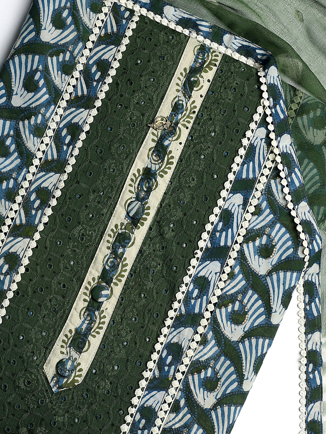  Green Geometric Printed Cotton Dress Material With Dupatta 
