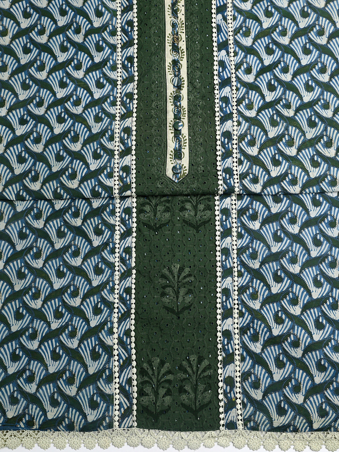  Green Geometric Printed Cotton Dress Material With Dupatta 