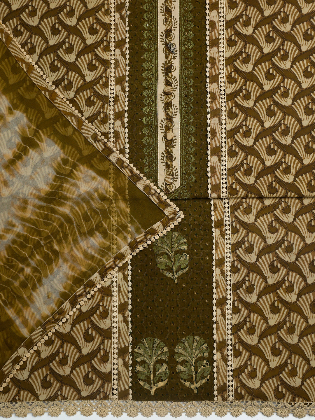  Green Geometric Printed Cotton Dress Material With Dupatta 