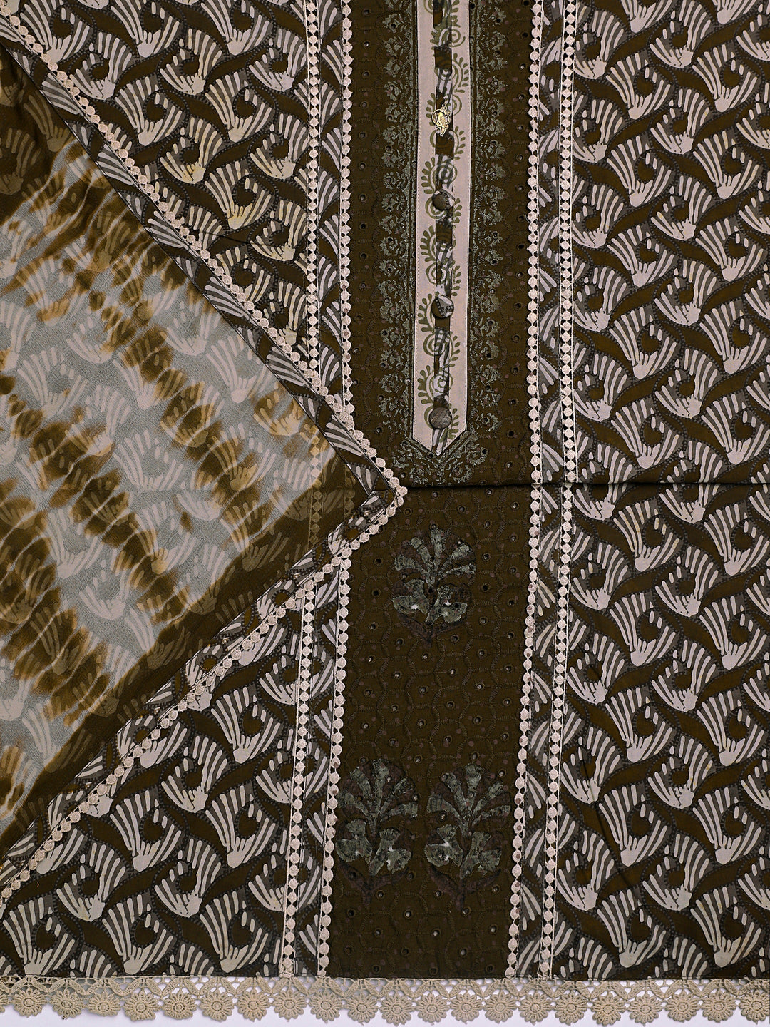  Brown Geometric Printed Cotton Dress Material With Dupatta 