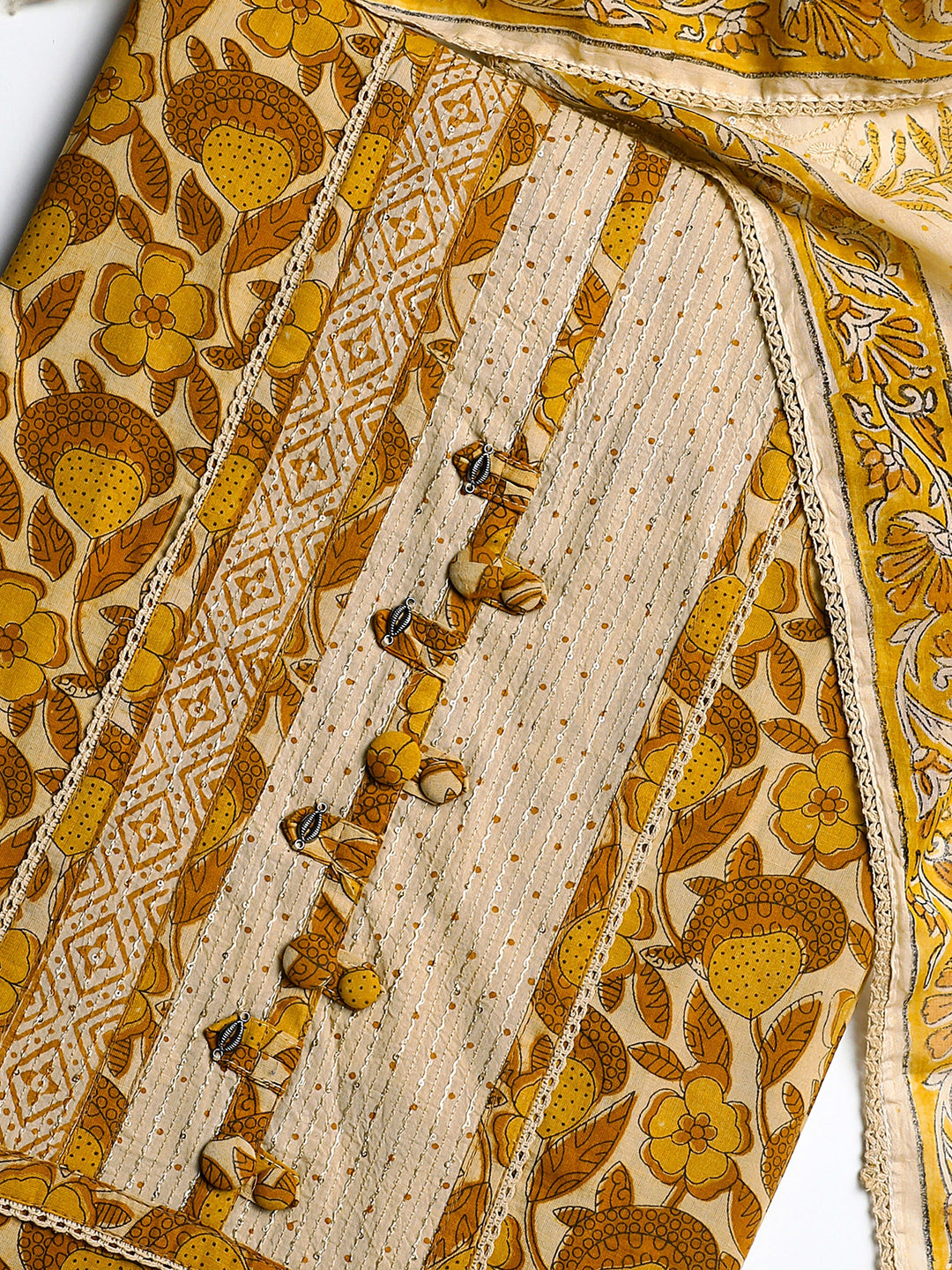  Yellow Floral Printed Cotton Dress Material With Dupatta 