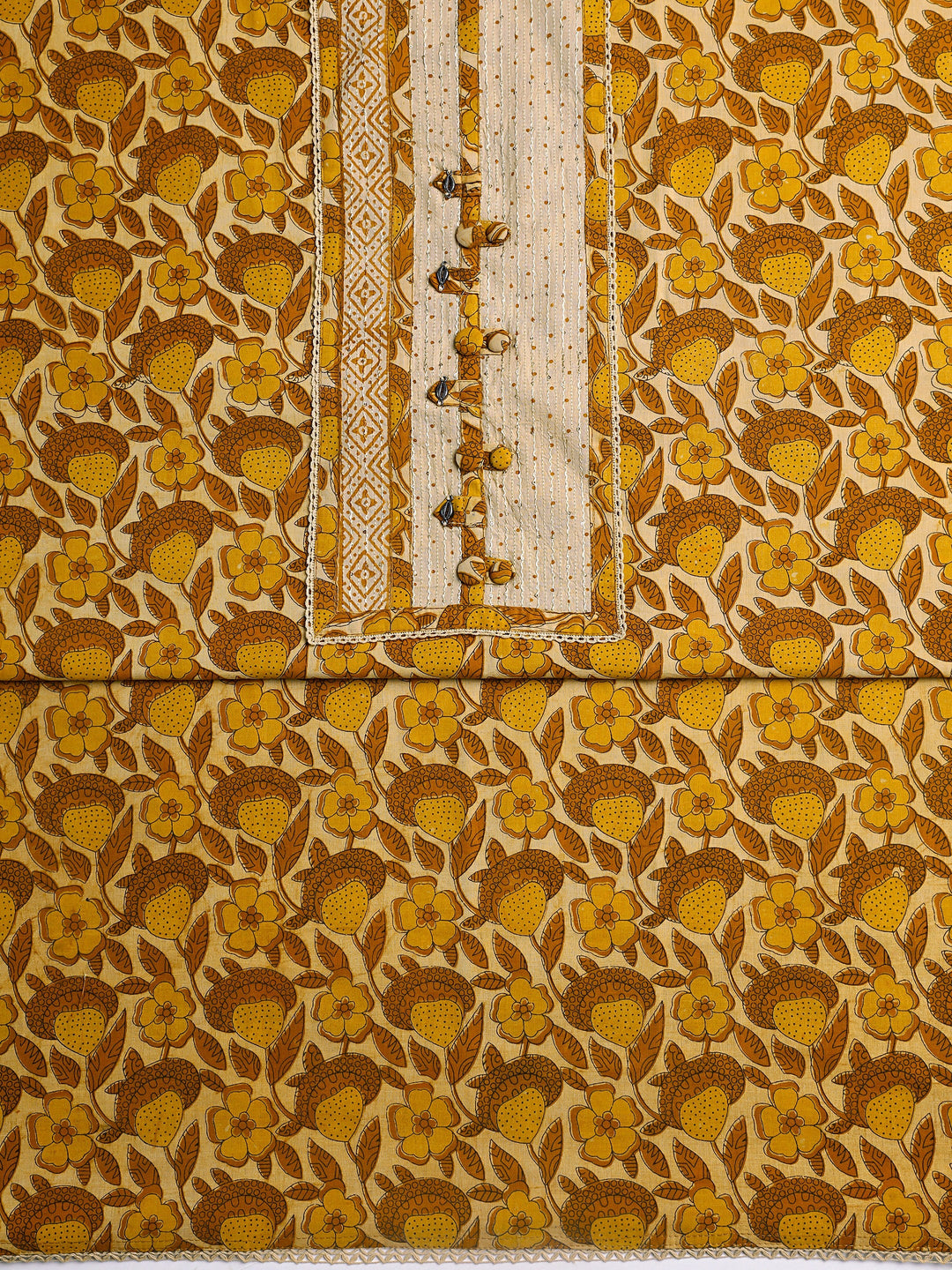  Yellow Floral Printed Cotton Dress Material With Dupatta 