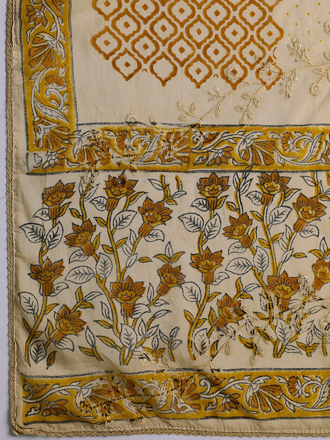  Yellow Floral Printed Cotton Dress Material With Dupatta 