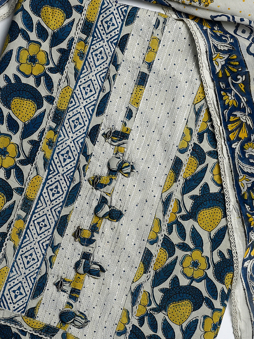  Blue Floral Printed Cotton Dress Material With Dupatta 