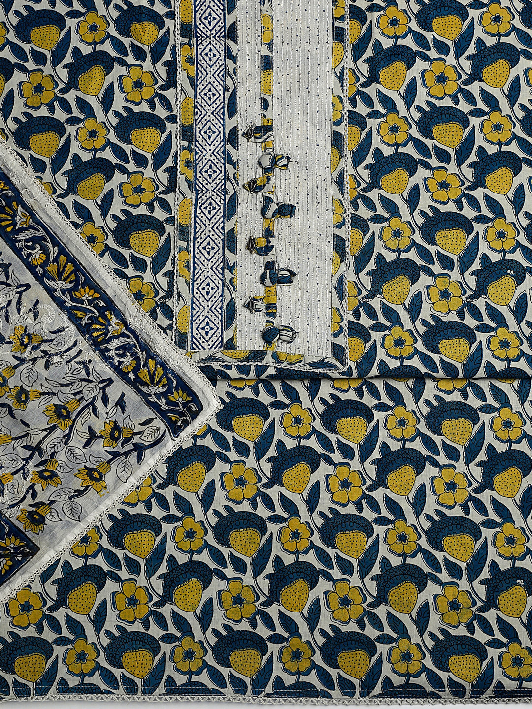  Blue Floral Printed Cotton Dress Material With Dupatta 