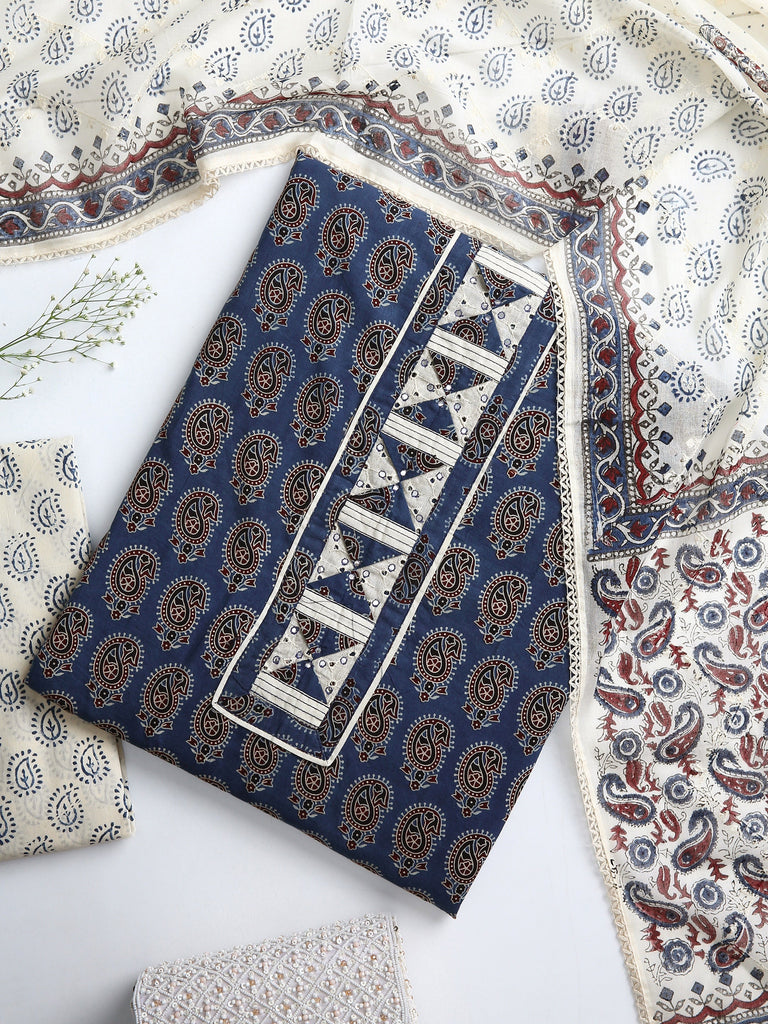Libas Navy Blue Paisley Printed Dress Material With Dupatta