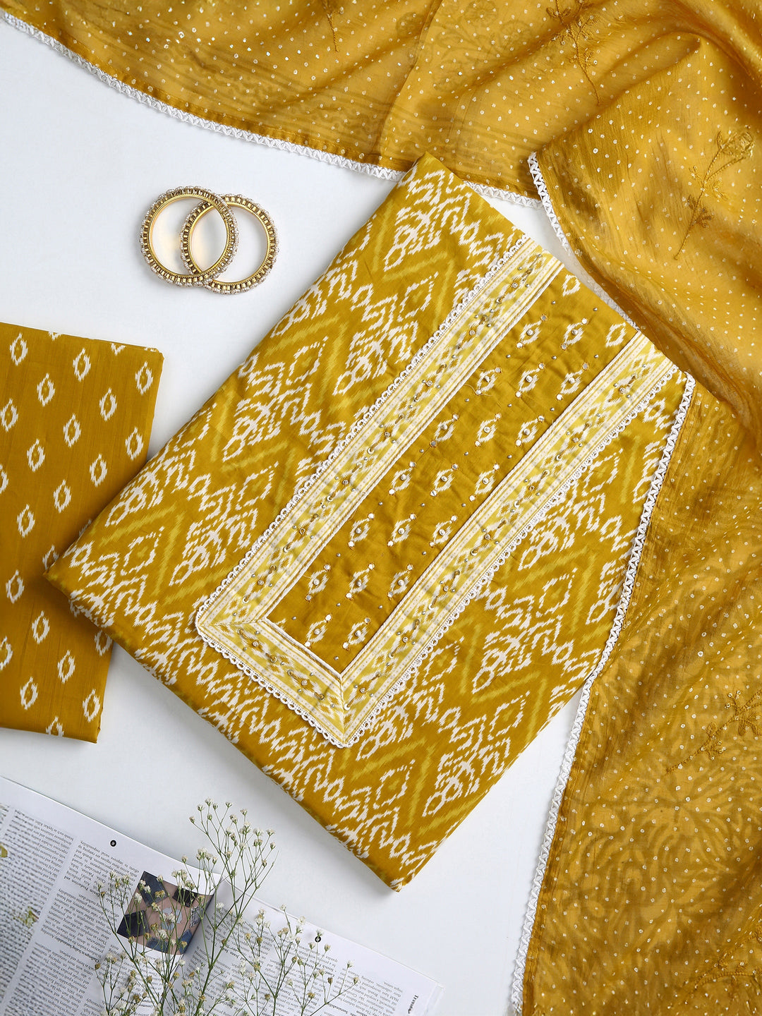  Yellow Ethnic Motif Printed Dress Material With Dupatta 