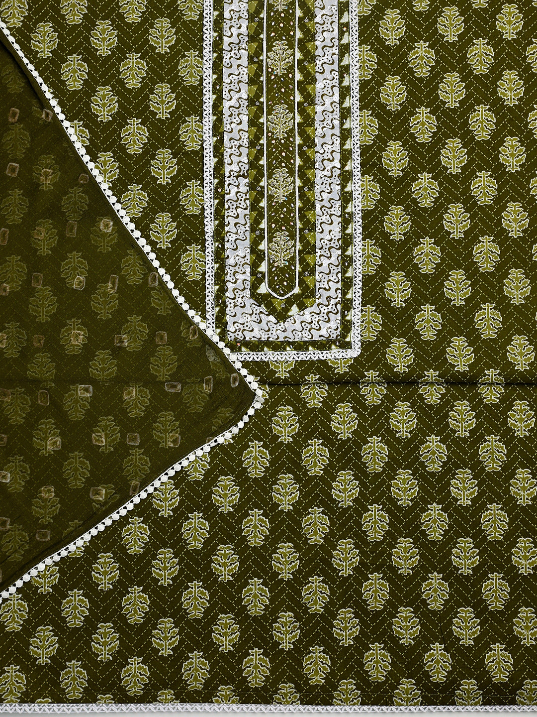  Green Floral Printed Cotton Dress Material With Dupatta 