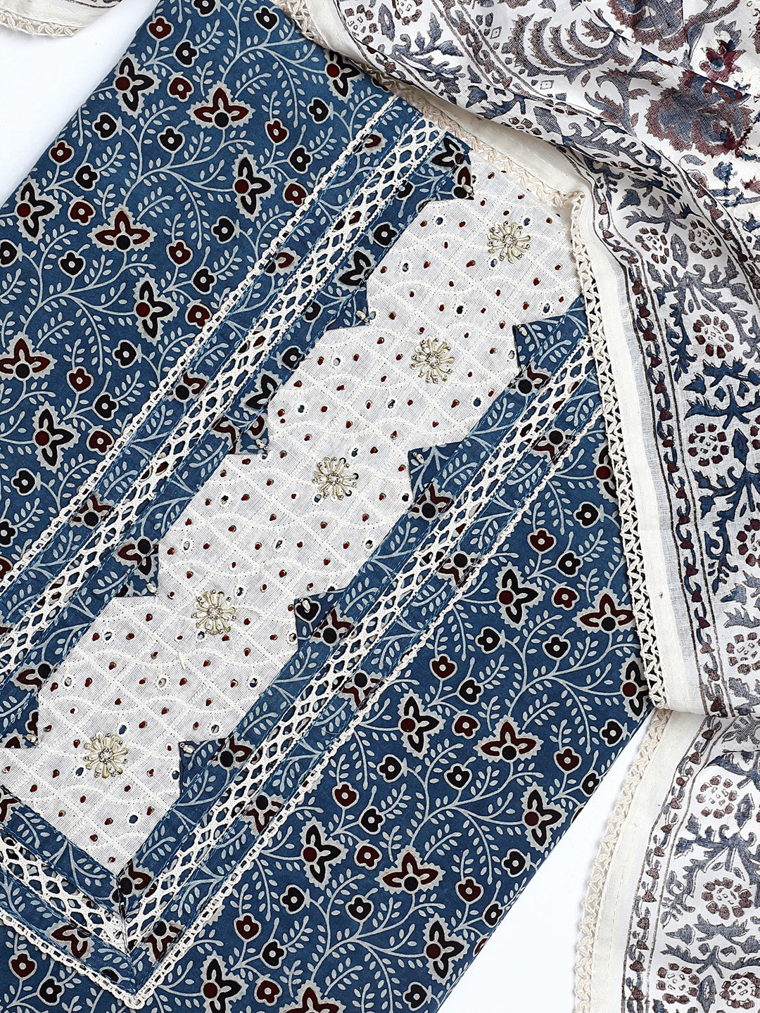  Blue Floral Printed Cotton Dress Material With Dupatta 