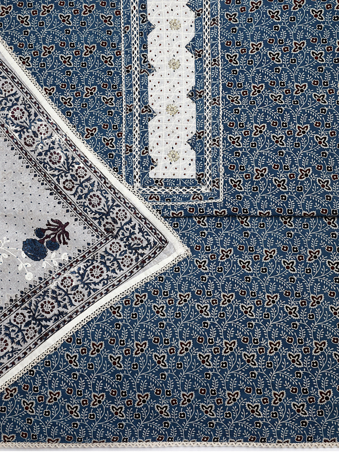  Blue Floral Printed Cotton Dress Material With Dupatta 
