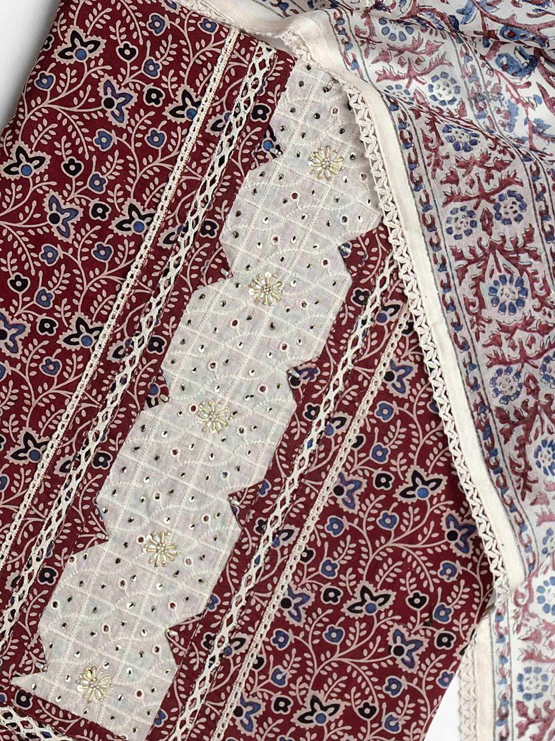  Red Floral Printed Cotton Dress Material With Dupatta 