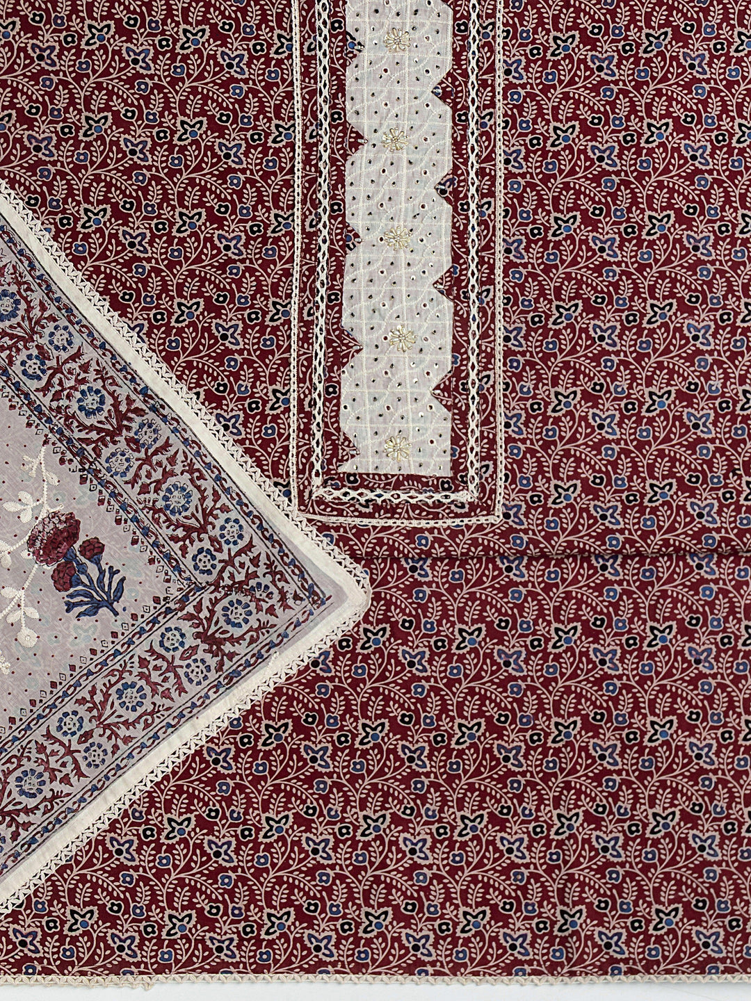  Red Floral Printed Cotton Dress Material With Dupatta 