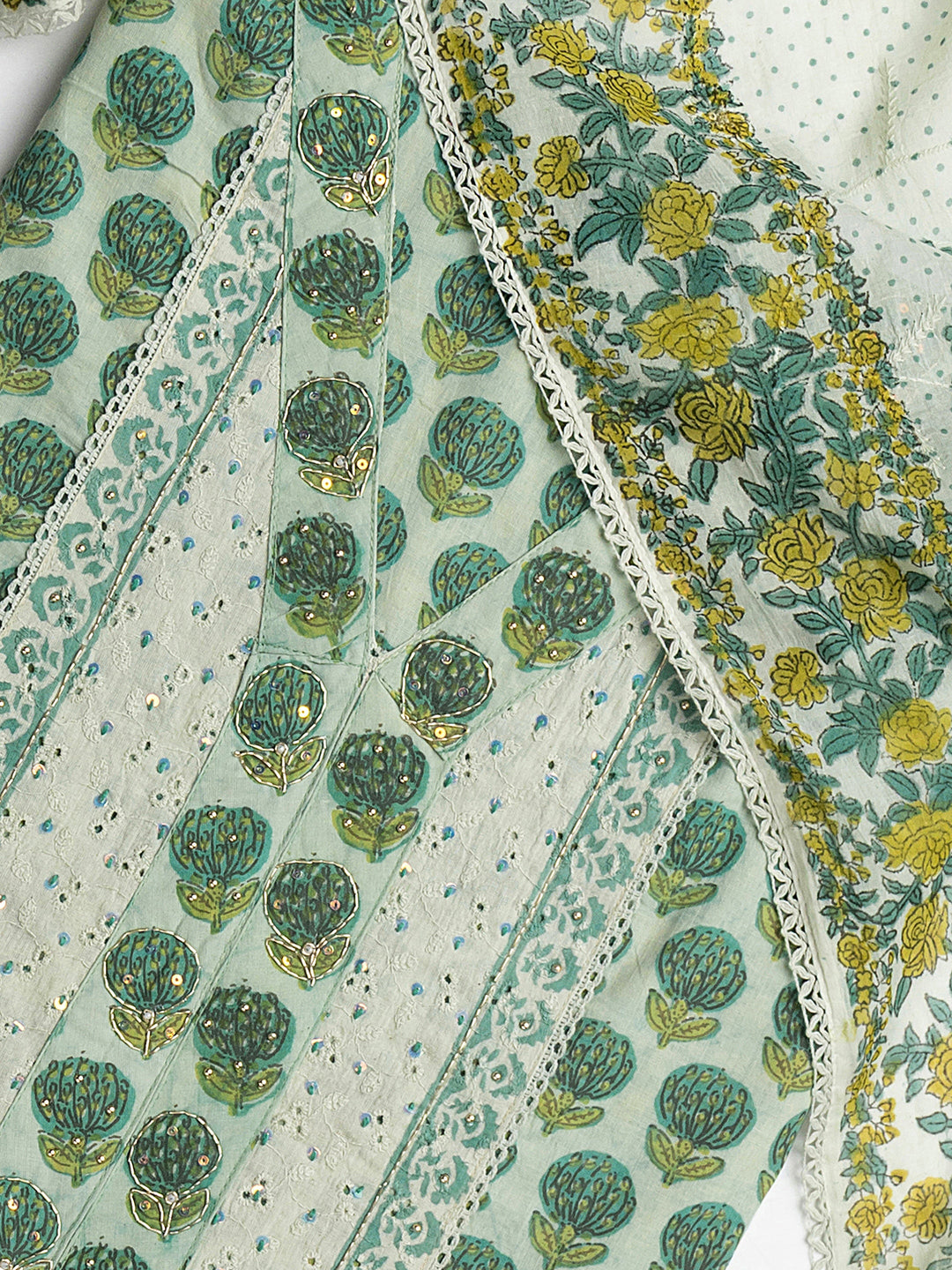  Green Floral Printed Cotton Dress Material With Dupatta 
