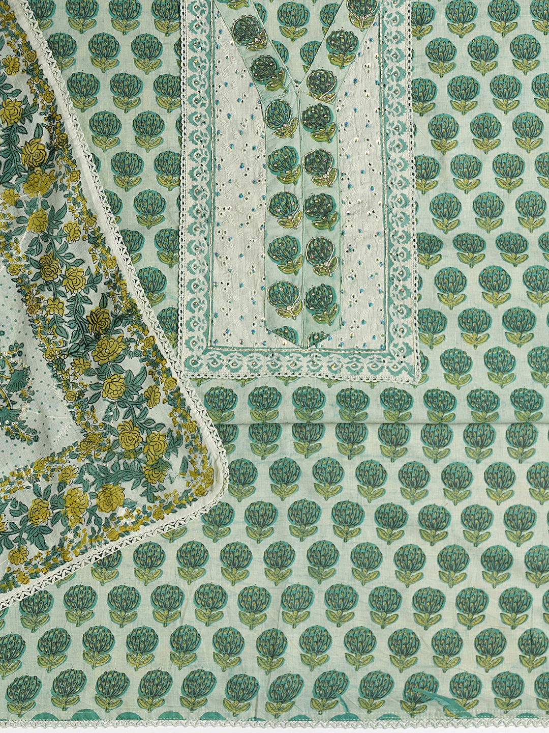  Green Floral Printed Cotton Dress Material With Dupatta 