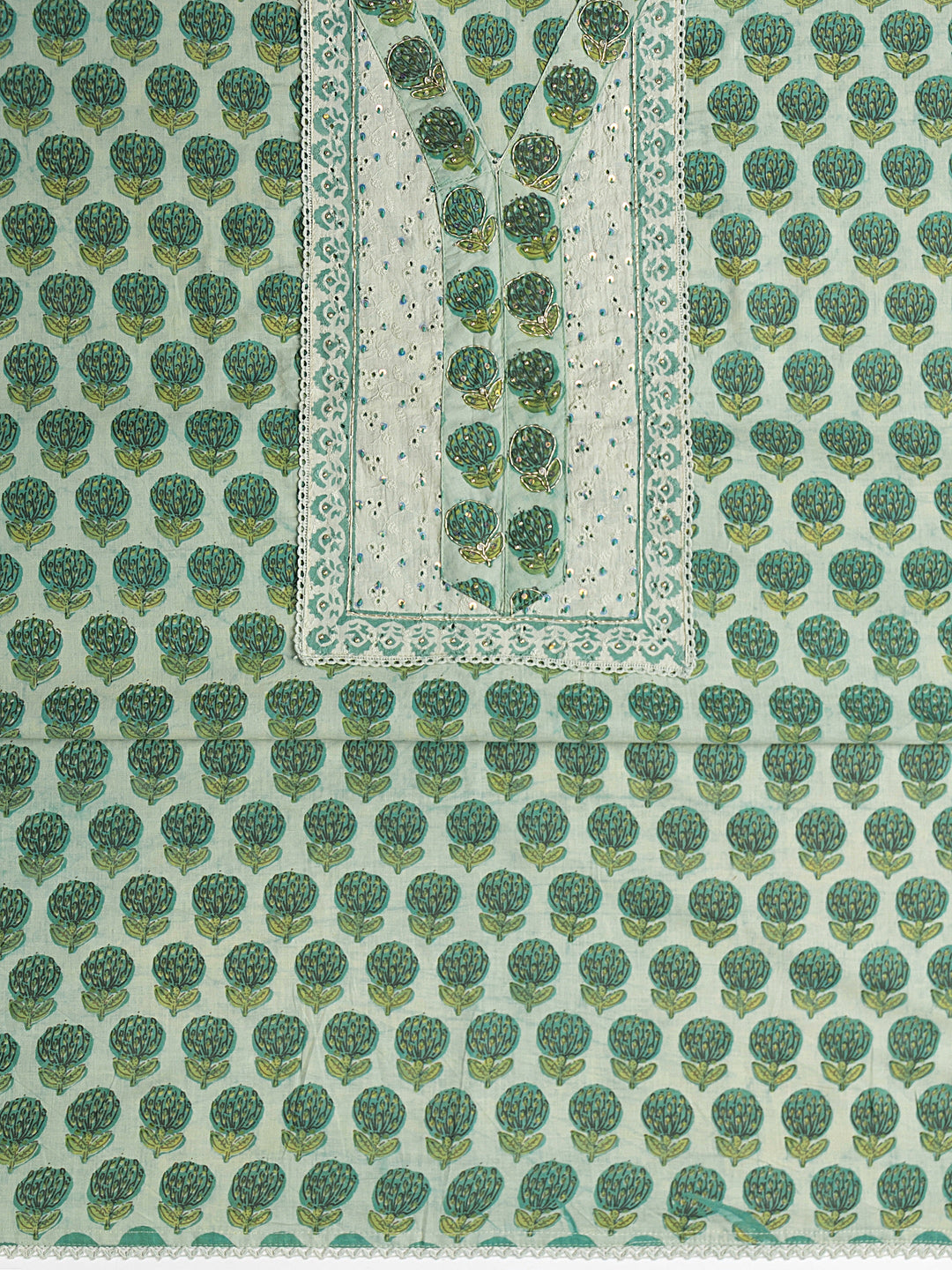  Green Floral Printed Cotton Dress Material With Dupatta 