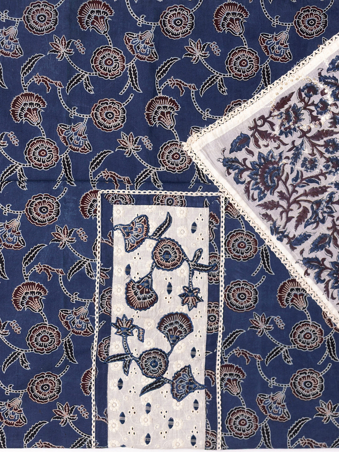  Blue Floral Printed Cotton Dress Material With Dupatta 