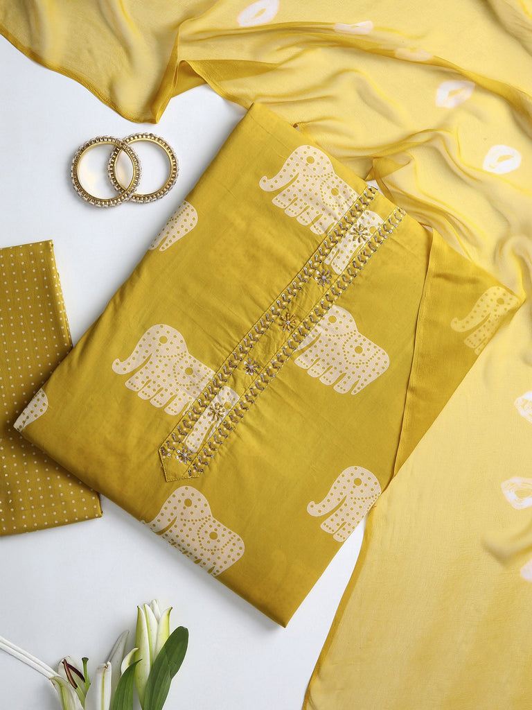 Libas Yellow Animal Printed Dress Material With Dupatta