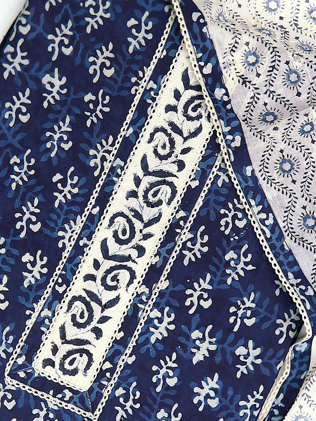  Navy Blue Ethnic Motif Printed Cotton Dress Material With Dupatta 