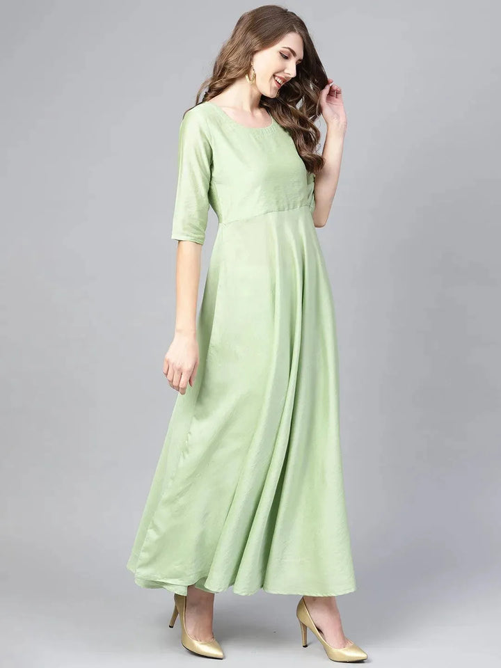 Green Solid Chanderi Silk Anarkali Kurta With Palazzos & Dupatta - Libas