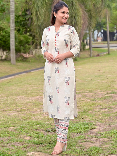 Off-White Printed Cotton Straight Kurta With Trousers - Libas