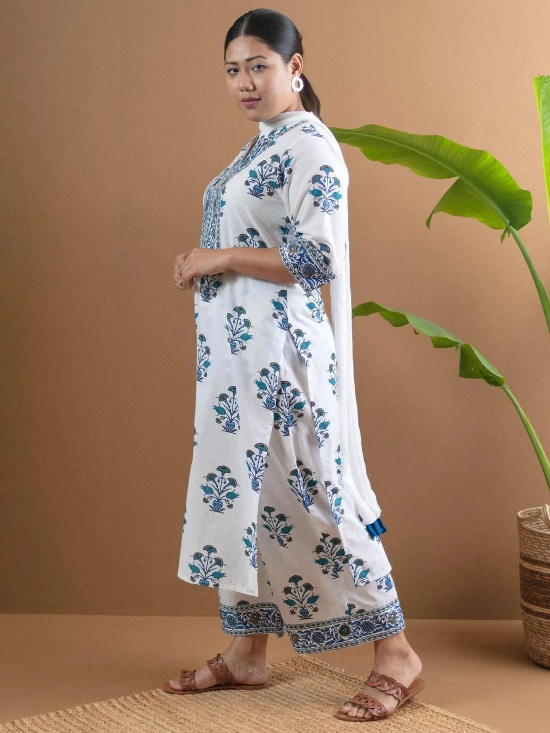  Plus Size White Printed Cotton Straight Kurta With Palazzos & Dupatta 