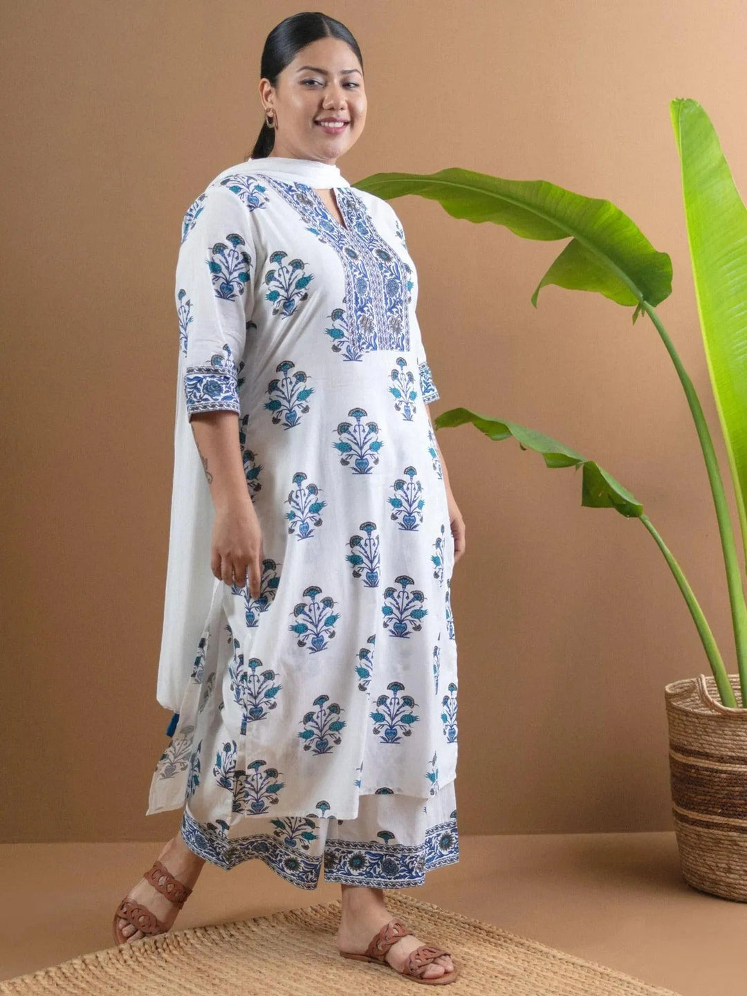  Plus Size White Printed Cotton Straight Kurta With Palazzos & Dupatta 