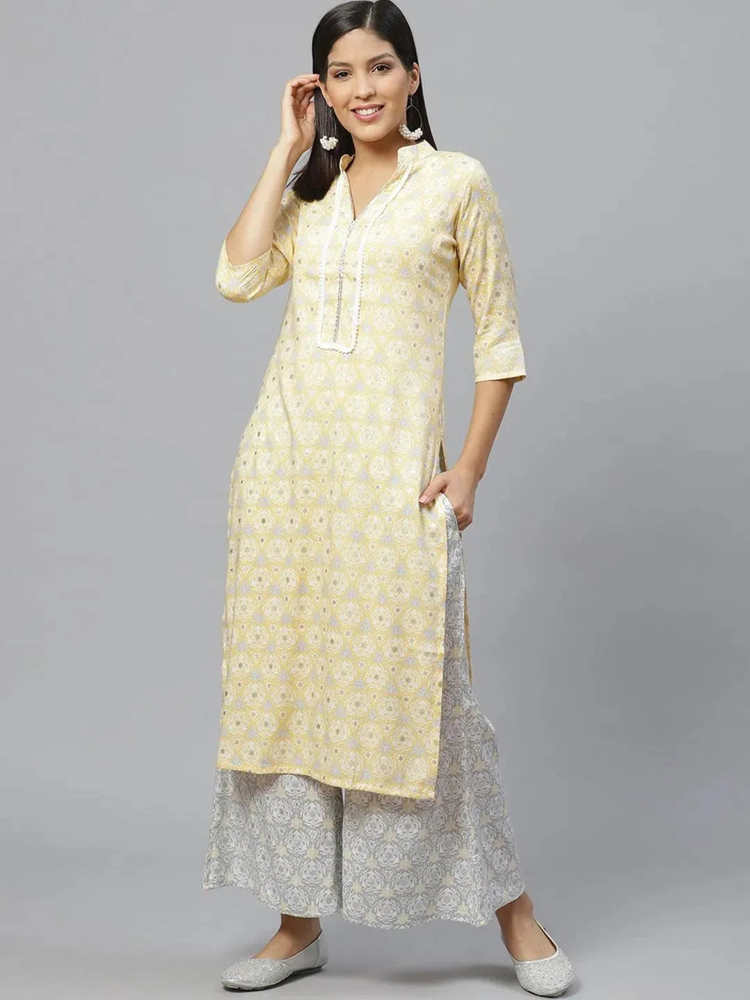 Yellow Printed Rayon Straight Kurta With Palazzos - Libas