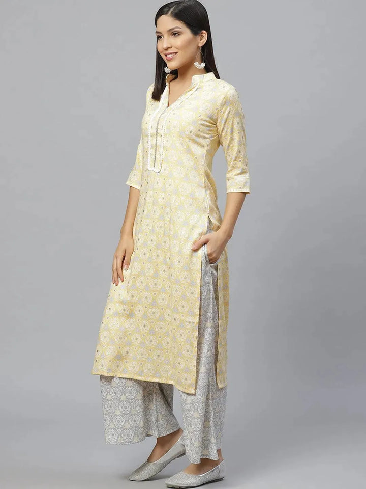 Yellow Printed Rayon Straight Kurta With Palazzos - Libas