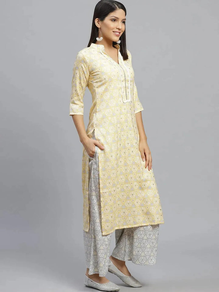 Yellow Printed Rayon Straight Kurta With Palazzos - Libas