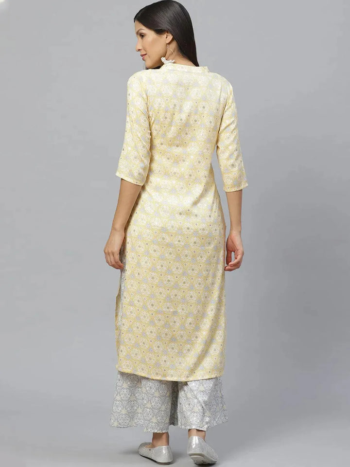 Yellow Printed Rayon Straight Kurta With Palazzos - Libas