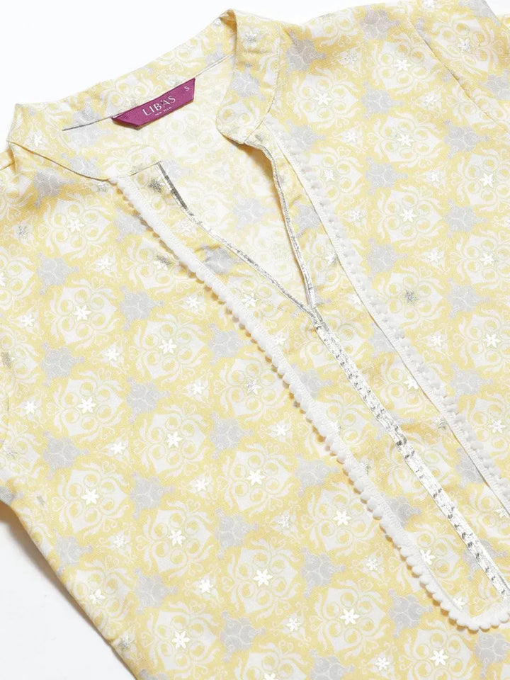 Yellow Printed Rayon Straight Kurta With Palazzos - Libas
