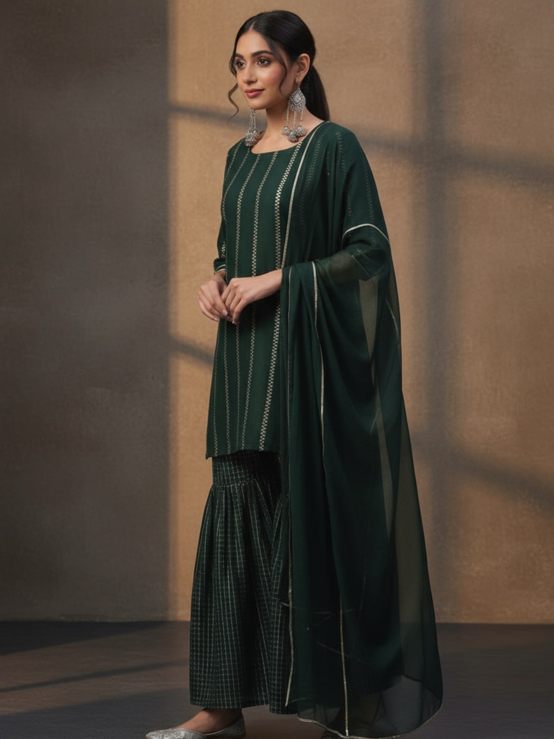  Green Striped Polyester Straight Sharara Suit Set With Dupatta 