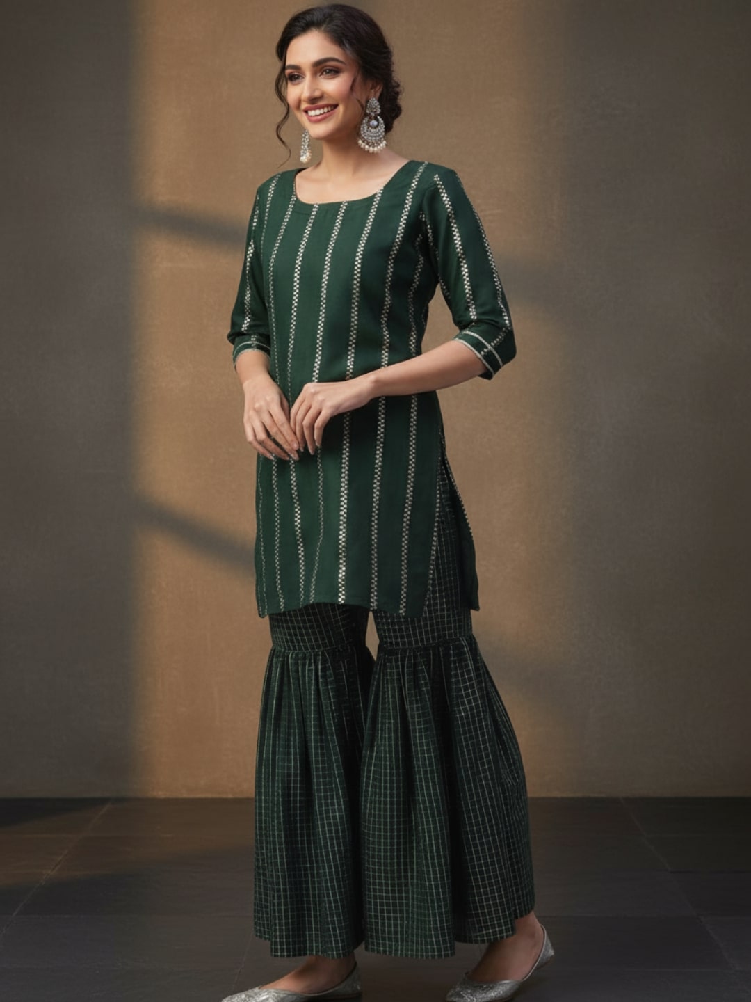  Green Striped Polyester Straight Sharara Suit Set With Dupatta 