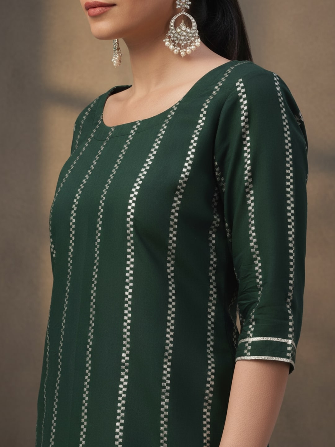  Green Striped Polyester Straight Sharara Suit Set With Dupatta 