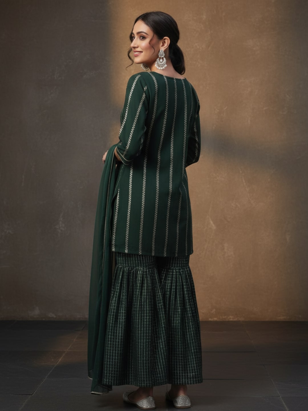  Green Striped Polyester Straight Sharara Suit Set With Dupatta 