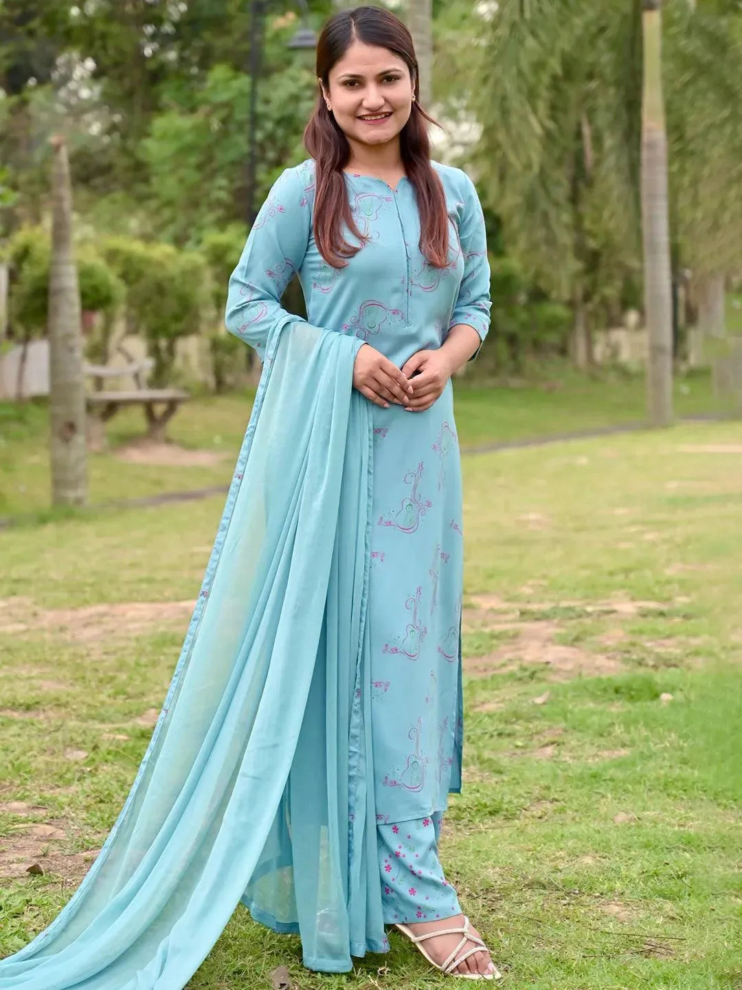 Blue Printed Rayon Straight Kurta With Palazzos & Dupatta-image-7