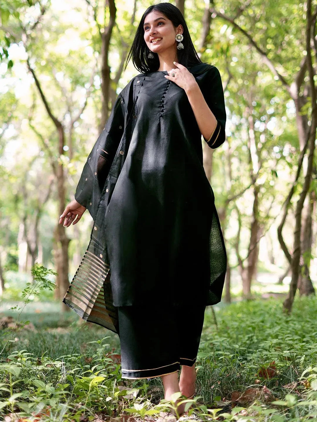 Black Solid Cotton Straight Kurta With Palazzos & Dupatta