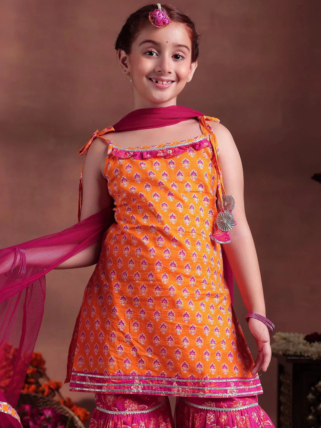  Kids Orange Printed Cotton Straight Suit With Dupatta 