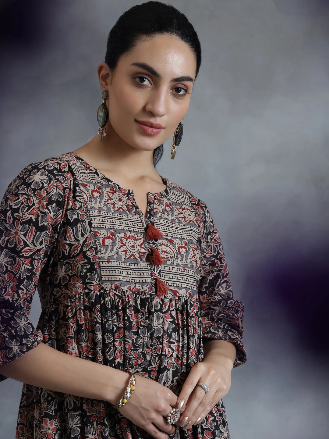  Black Printed Cotton A-Line Dress 